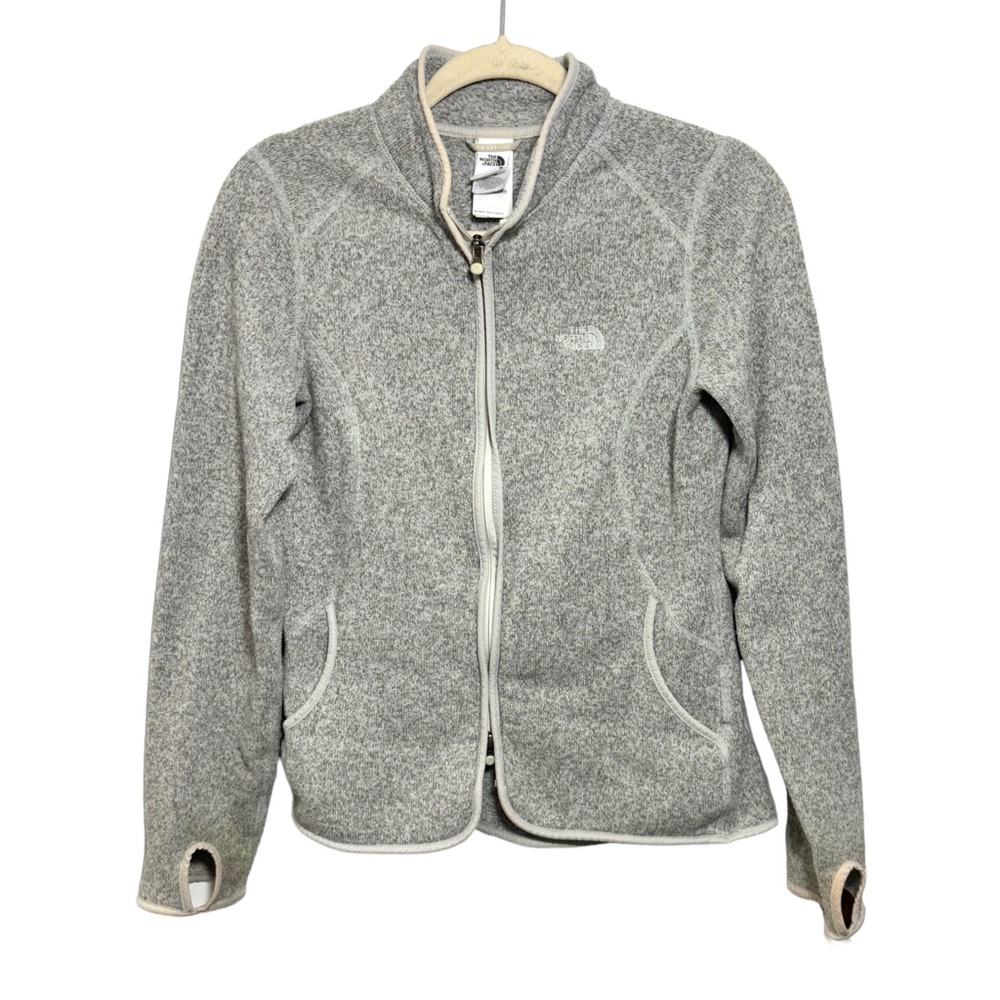 The North Face Women's Sz M Heathered Gray Knit Fleece Full Zip Logo Jacket